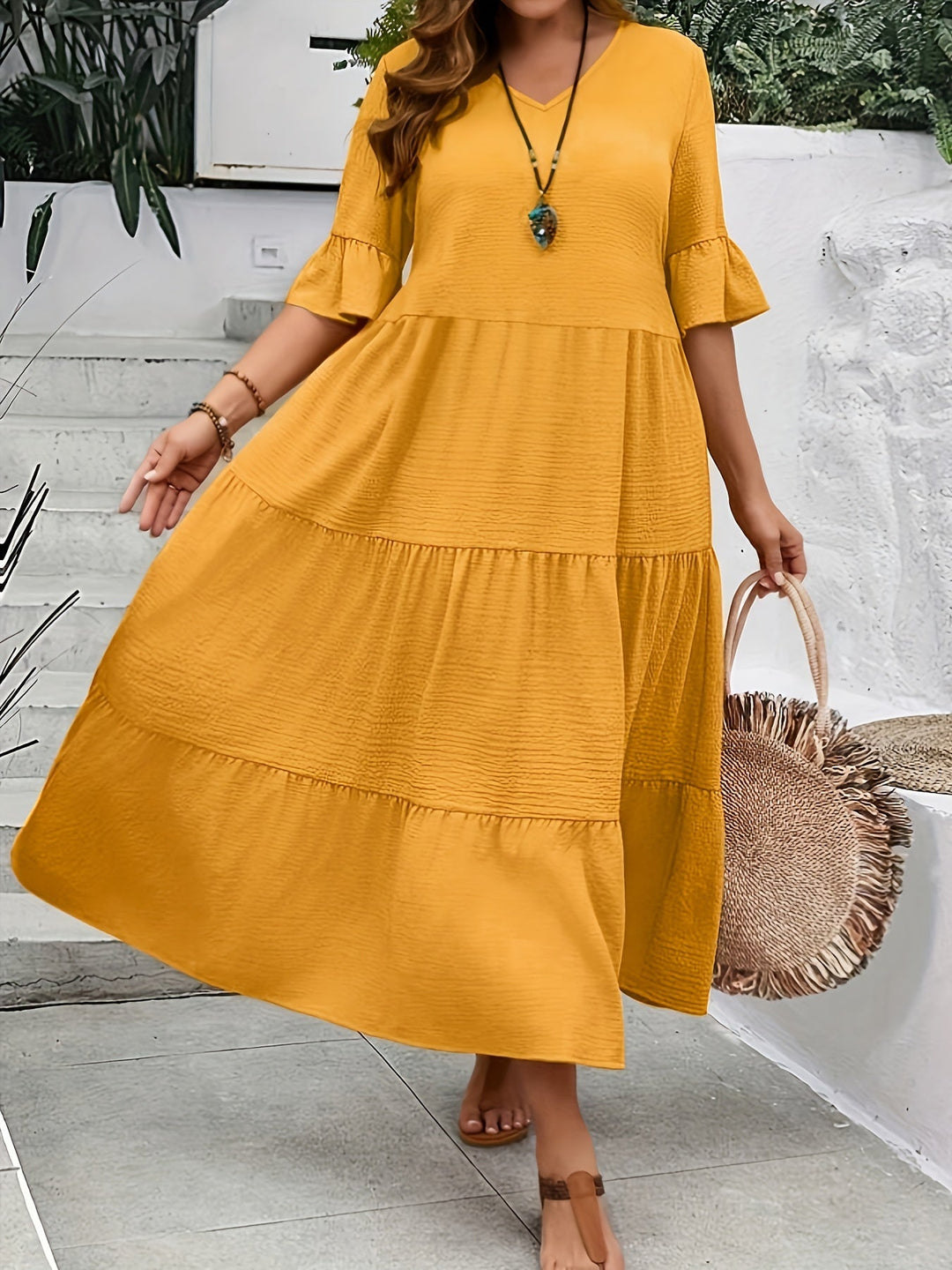 Zia - Robe maxi décontractée ample à manches mi-longues avec volants