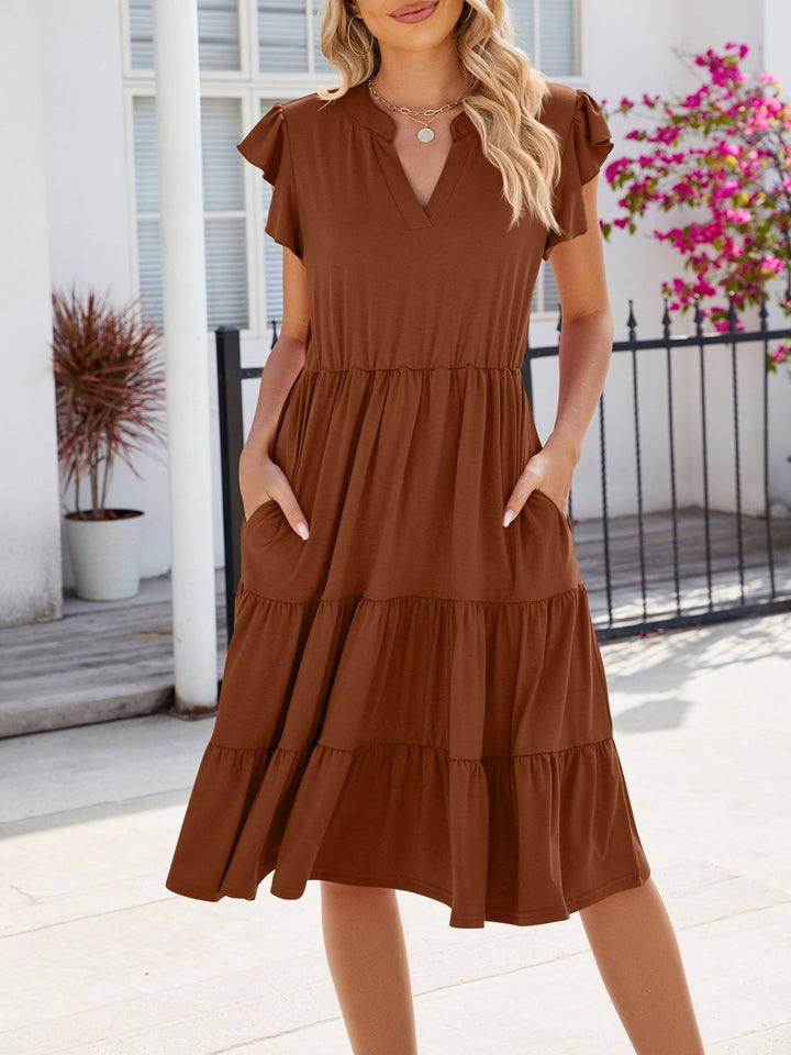 Zia - Robe midi décontractée à volants et col échancré