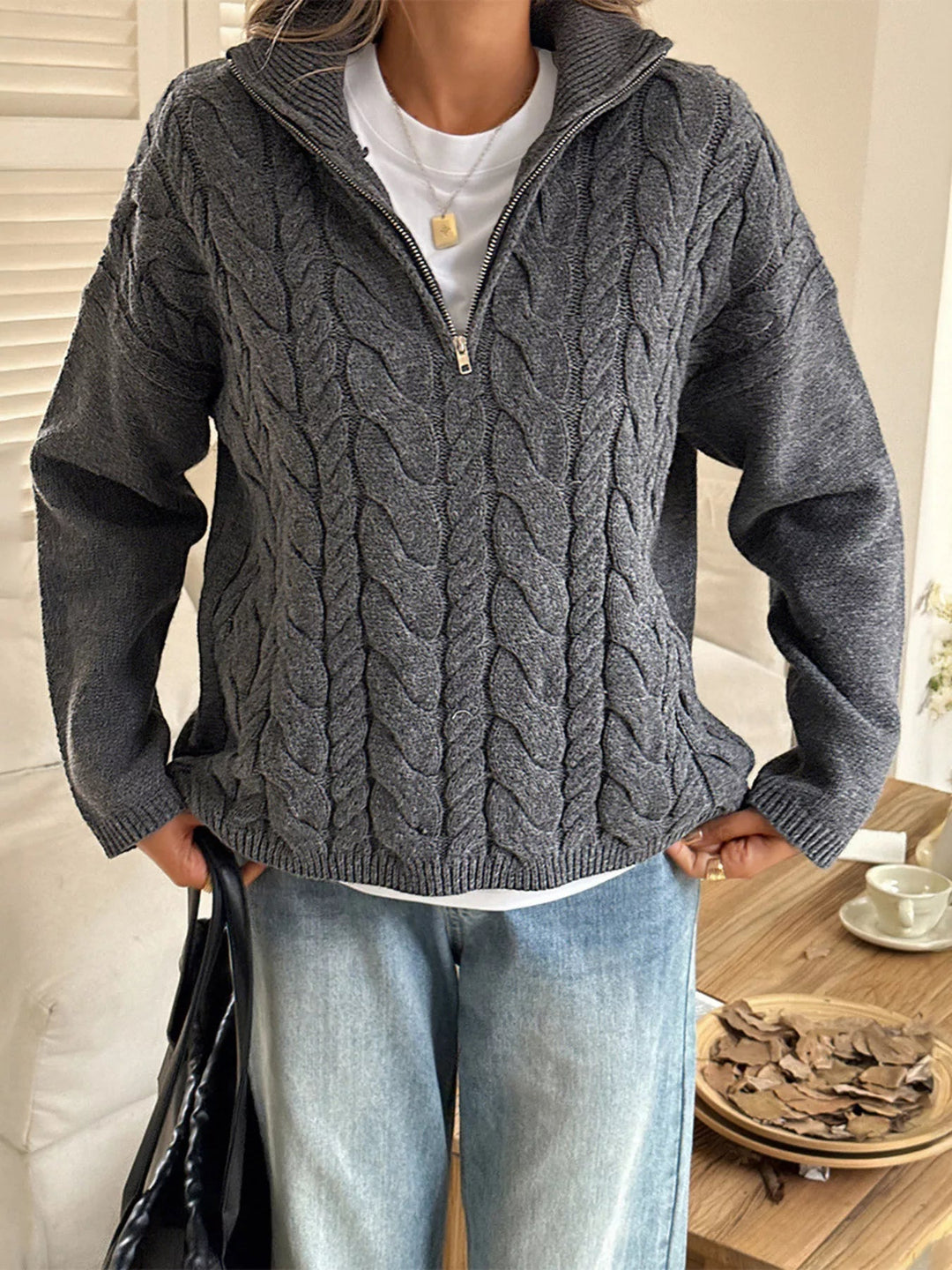Faith - Pull Élégant Chaud en Maille Câblée avec Demi-Zip