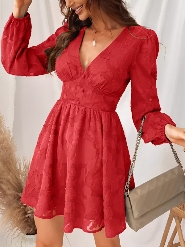 Nina - Robe mini élégante à manches longues avec col V plongeant et coupe A-line