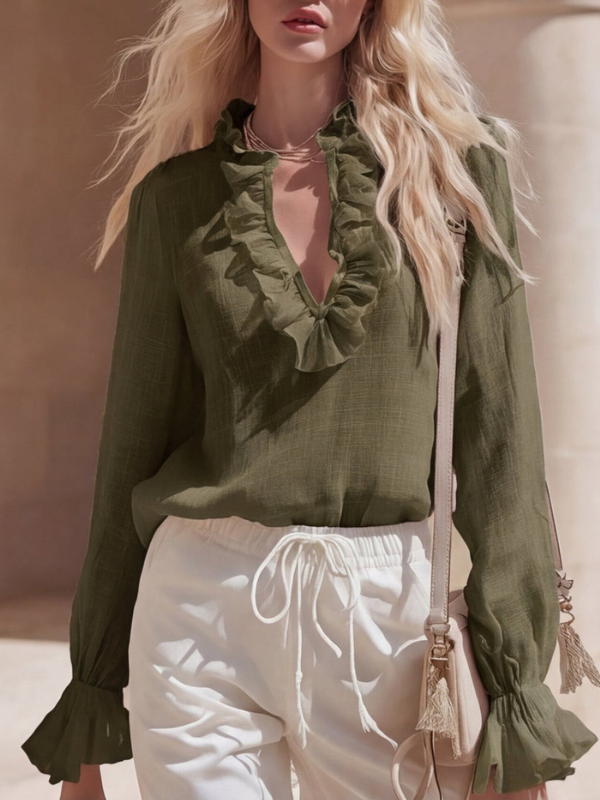 Karyssa - Blouse élégante à volants et col en V à manches longues