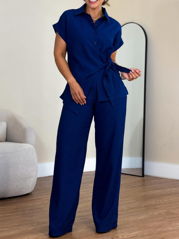 Jade - Ensemble élégant blouse nouée à l’avant à manches courtes et pantalon