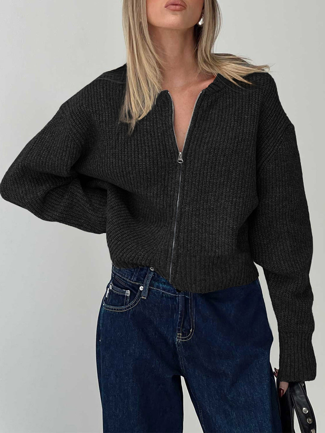 Cathryn - Cardigan décontracté en maille côtelée zippé à manches longues