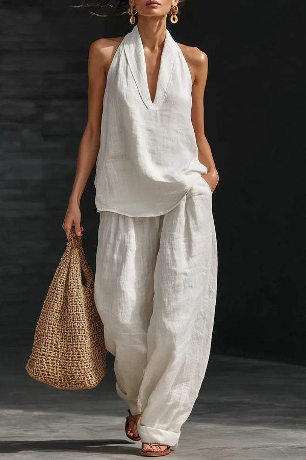 Dianna - Ensemble élégant top ample sans manches à col V et pantalon