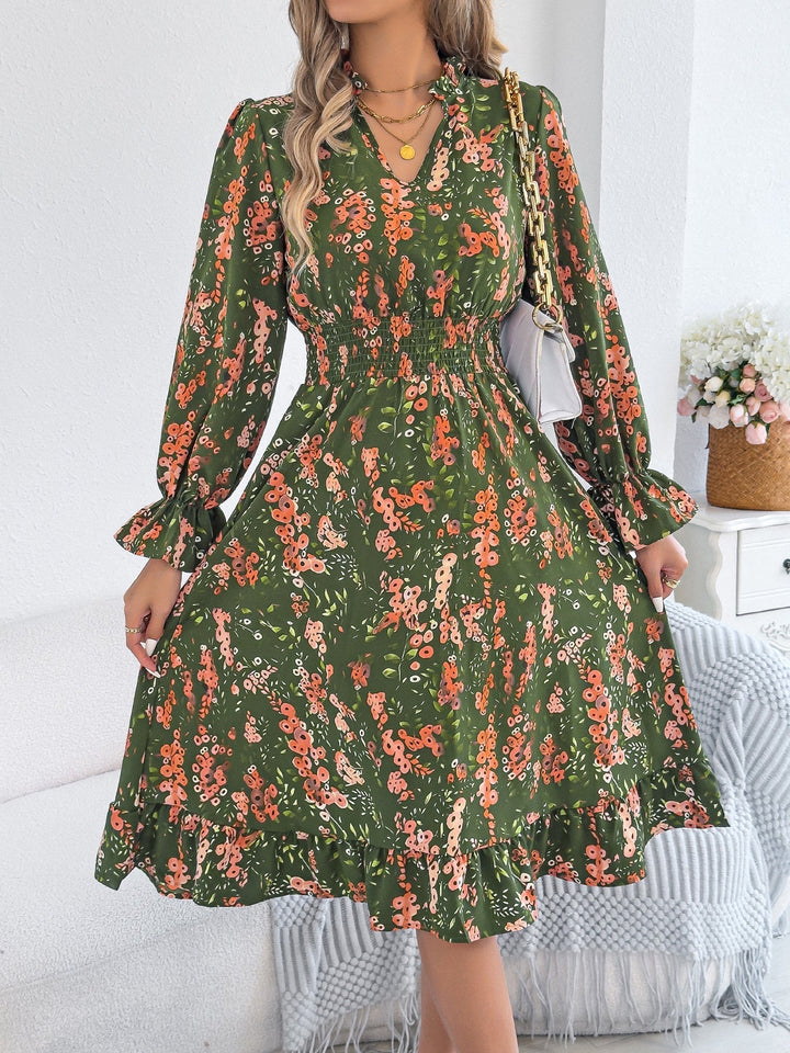 Lyndsey - Robe midi élégante fleurie à manches longues coupe A-line