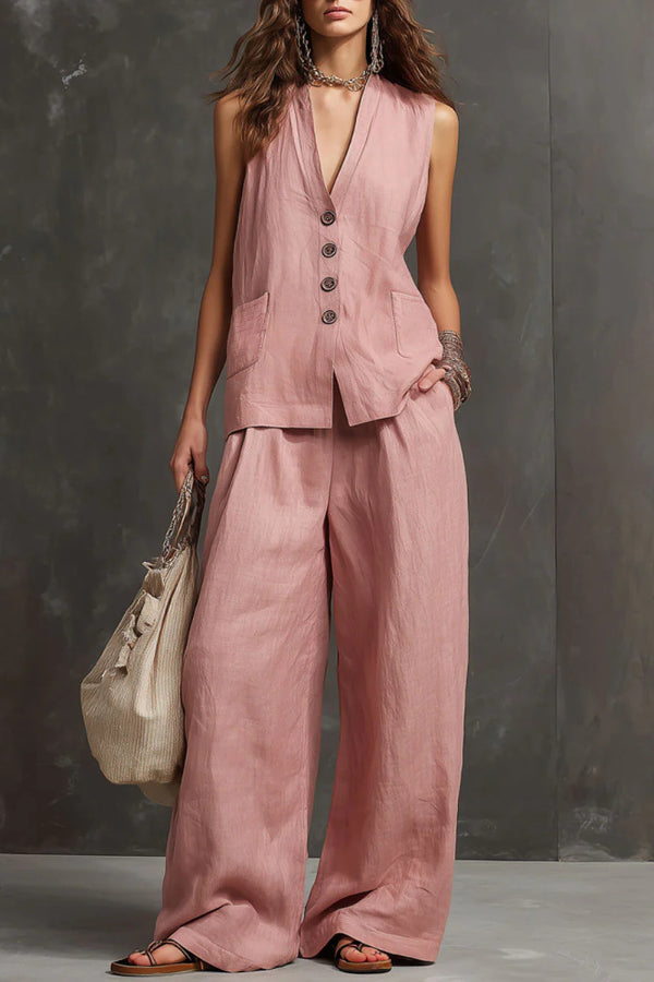 Janela - Ensemble décontracté élégant gilet sans manches à col V boutonné et pantalon large