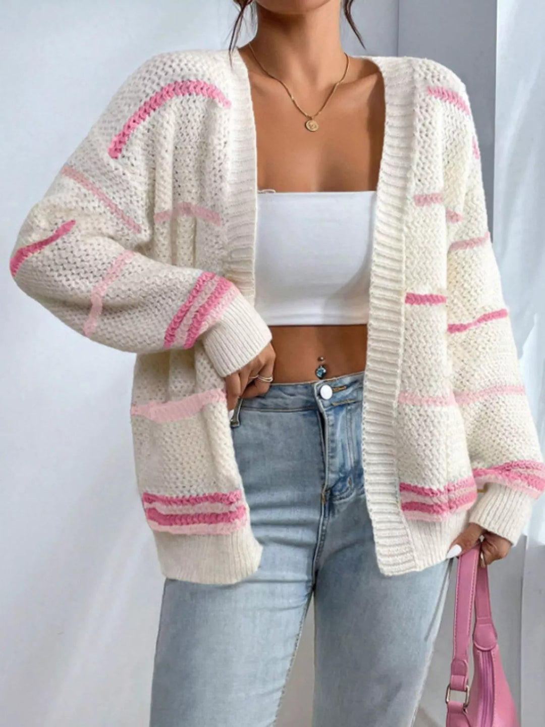 Luciana - Cardigan cosy à rayures en maille ouvert devant
