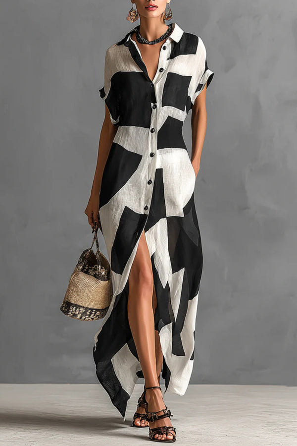 Ziana - Robe longue élégante à imprimé géométrique avec manches courtes et boutons