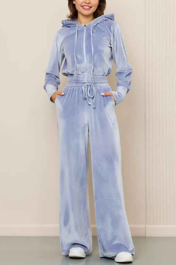 Daleyza - Ensemble élégant en velours avec veste courte zippée à capuche et pantalon droit