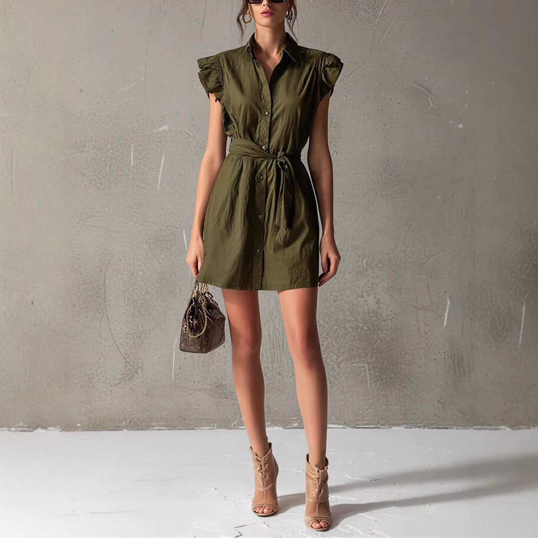 Diane - Robe décontractée à col roulé, manches à volants, boutons et taille nouée