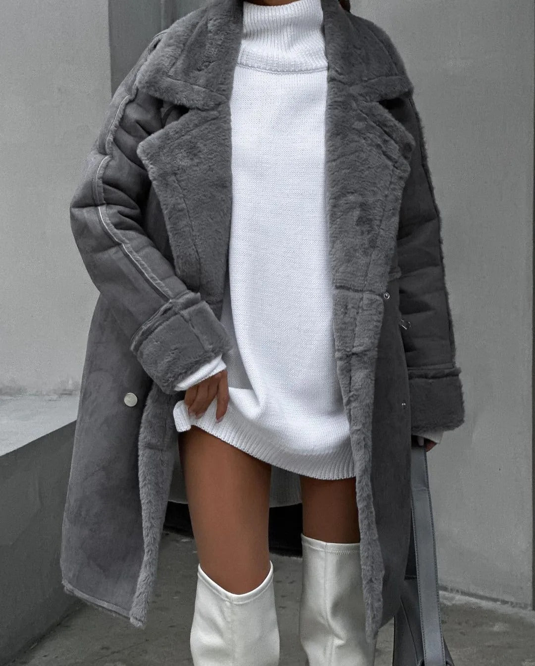 Ellen - Manteau long tendance en fausse fourrure teddy