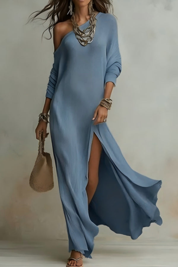 Xylaine - Robe maxi ample à col asymétrique, manches longues et fente