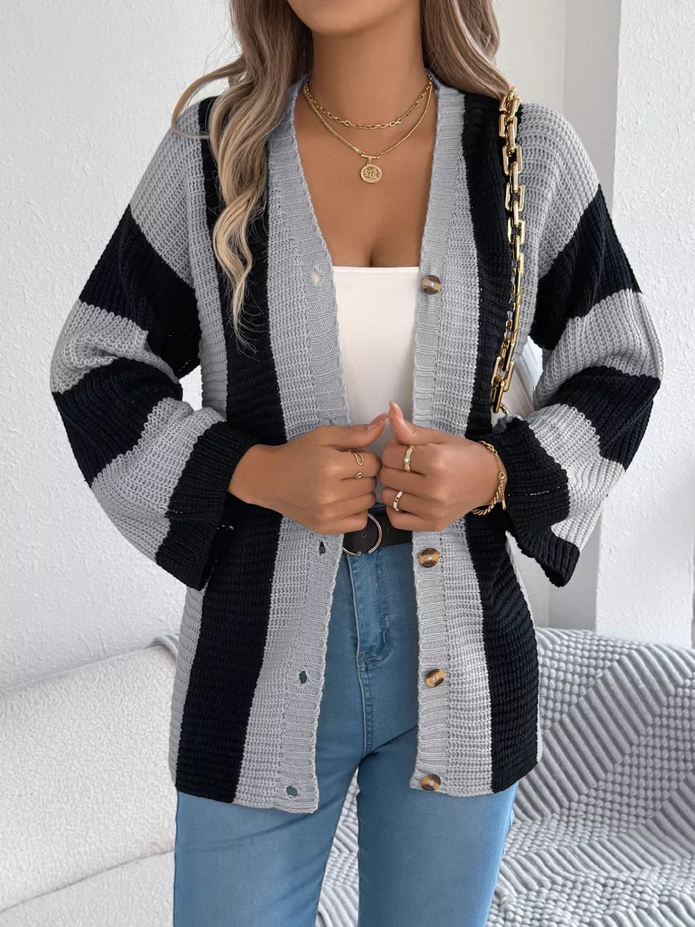 Zyla - Cardigan élégant à rayures color block boutonné