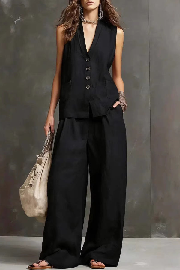 Janela - Ensemble décontracté élégant gilet sans manches à col V boutonné et pantalon large