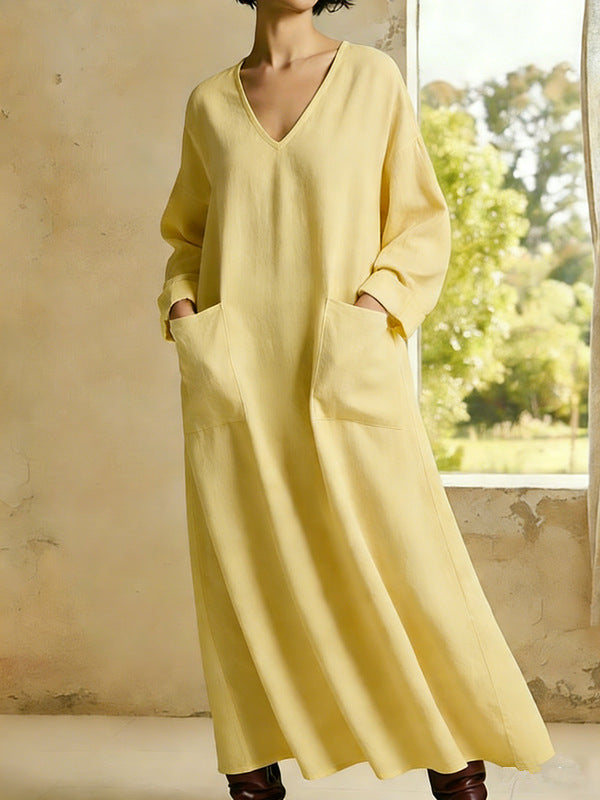 Hyacintha - Robe longue décontractée ample à col V manches longues avec poches