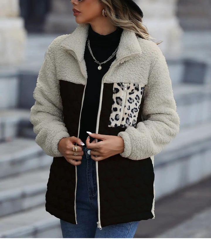 Yvessa - Veste chaude zippée élégante à imprimé léopard color block