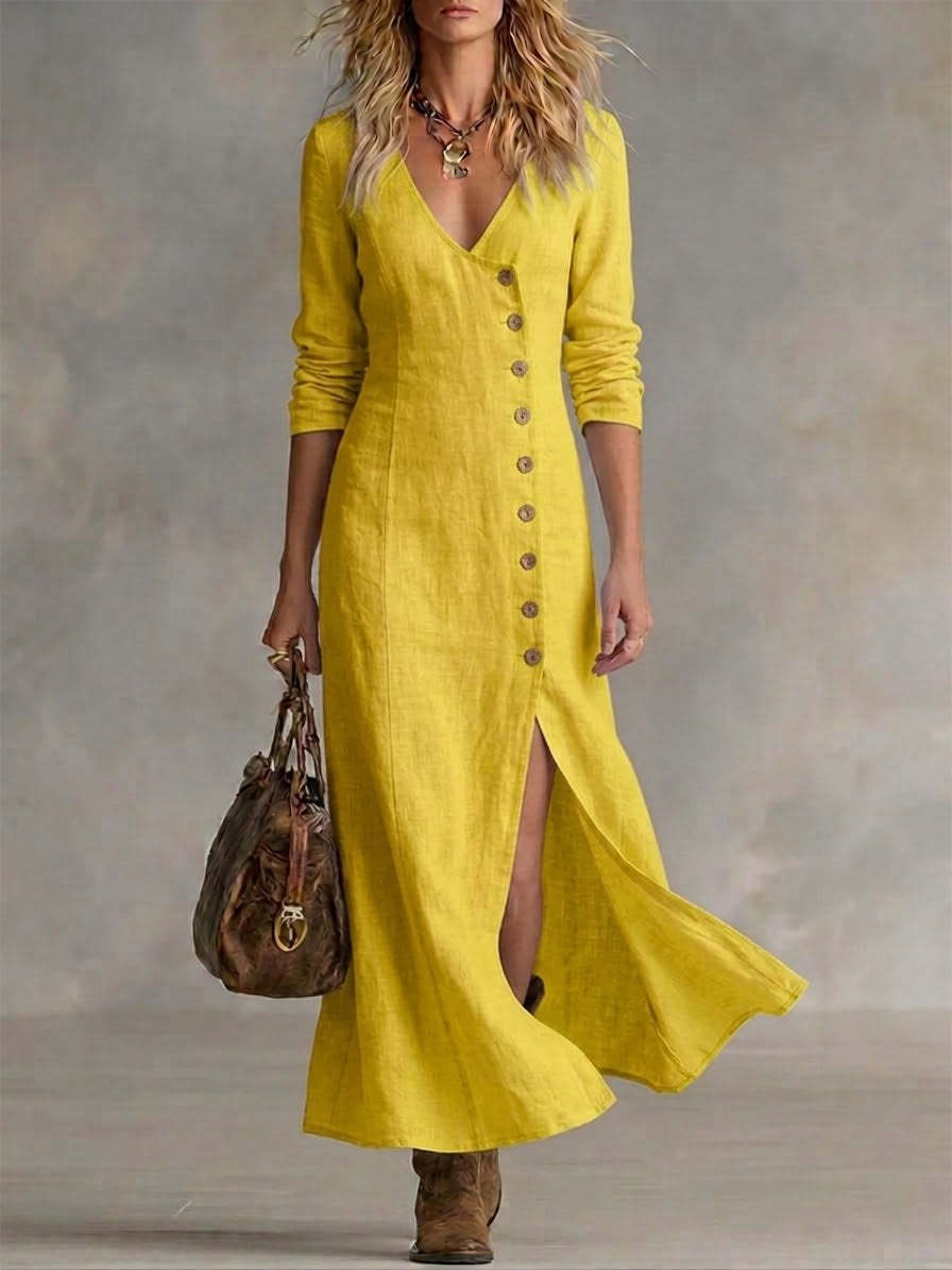 Hannelie - Robe élégante à col V manches longues avec boutons