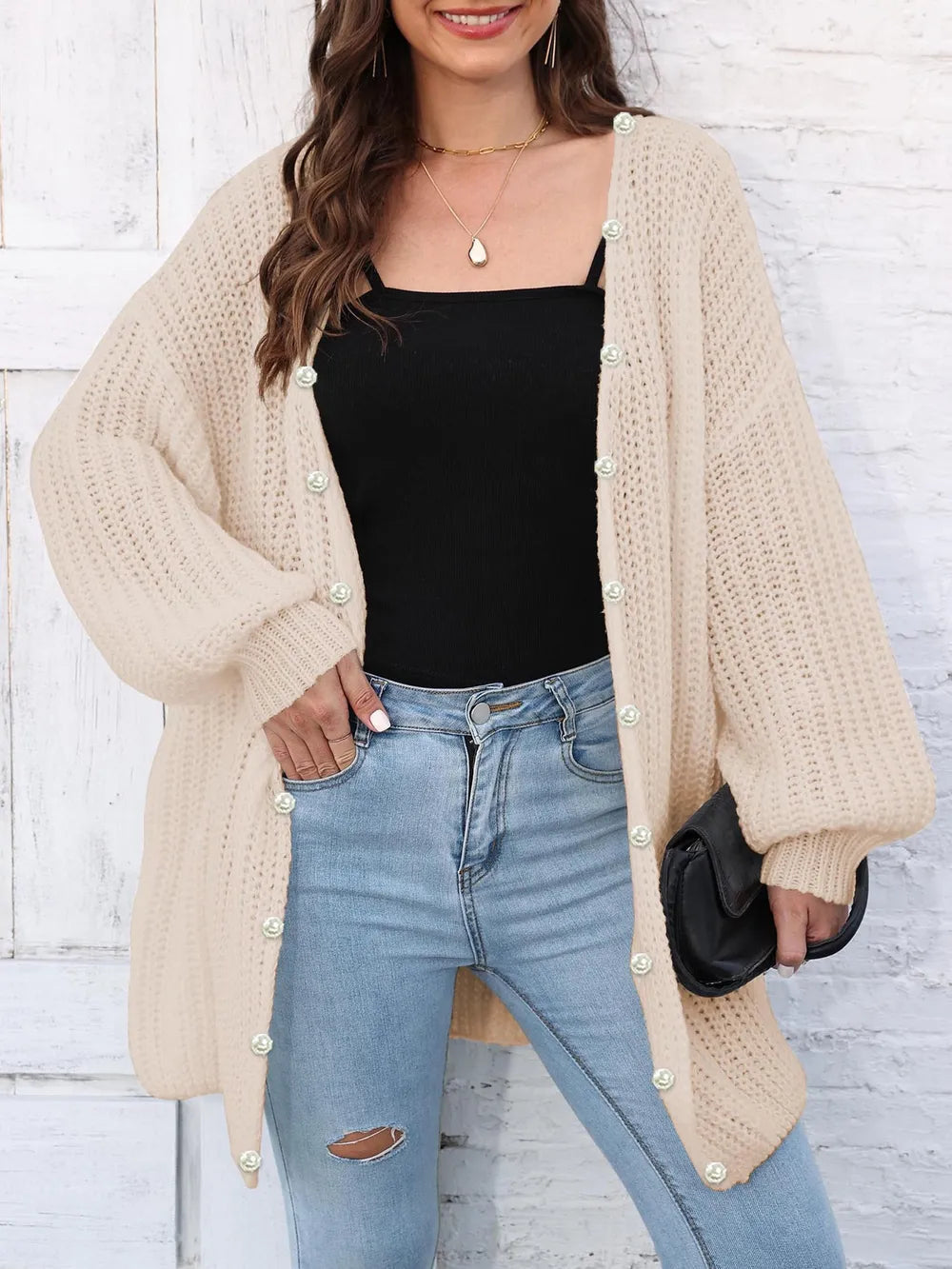 Eunike - Cardigan cosy ample en maille à manches longues et devant ouvert