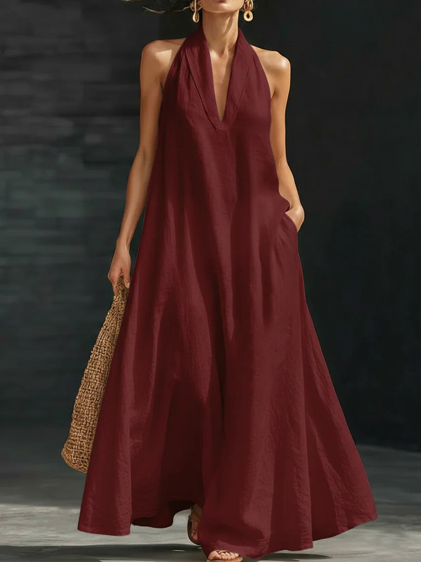 Leonora - Robe longue élégante ample à col halter et col V