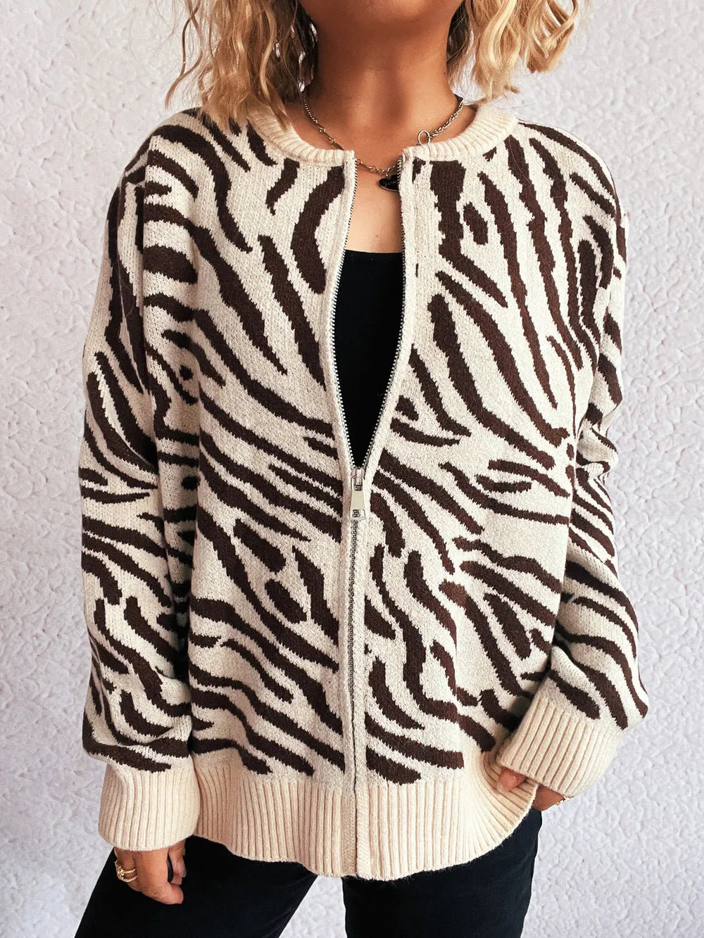 Beatrice - Cardigan chaud zippé à imprimé zèbre