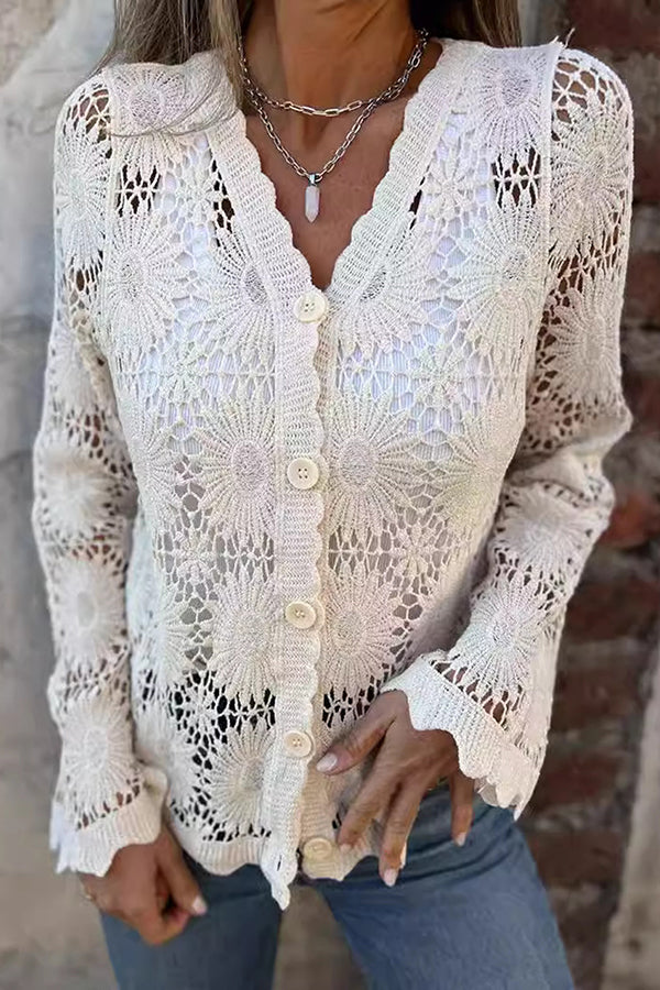 Joyana - Cardigan élégant boutonné en dentelle ajourée