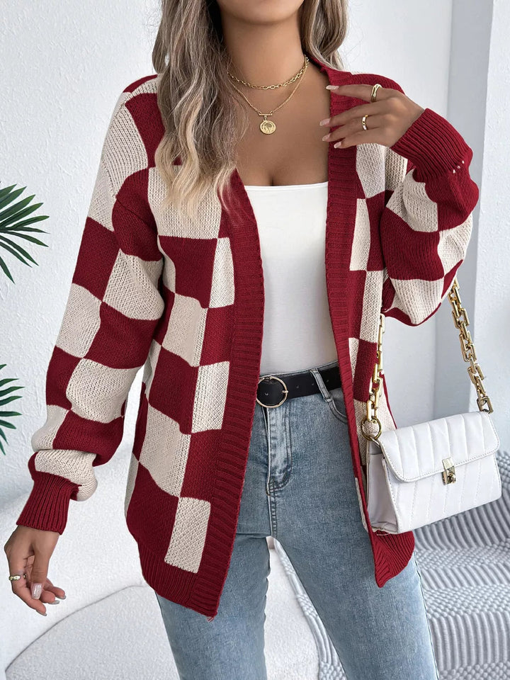 Omelina - Cardigan cosy à motif à carreaux ouvert sur le devant