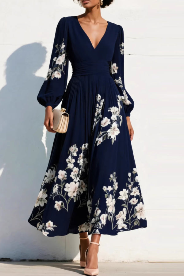 Liza - Robe longue élégante à imprimé floral avec col en V, manches longues et taille ajustée