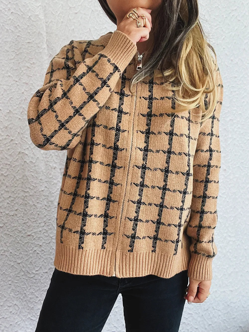Veronique - Cardigan cosy à carreaux avec fermeture éclair