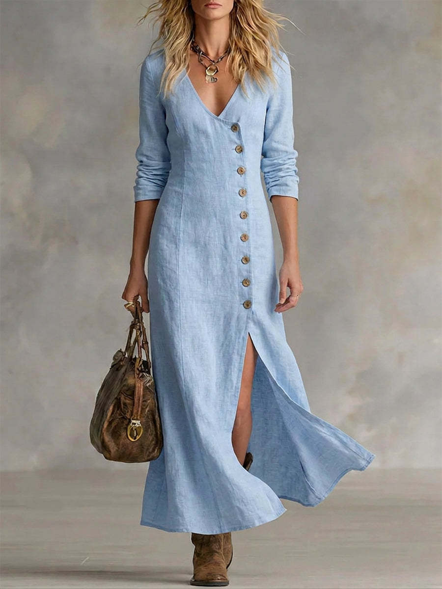 Hannelie - Robe élégante à col V manches longues avec boutons