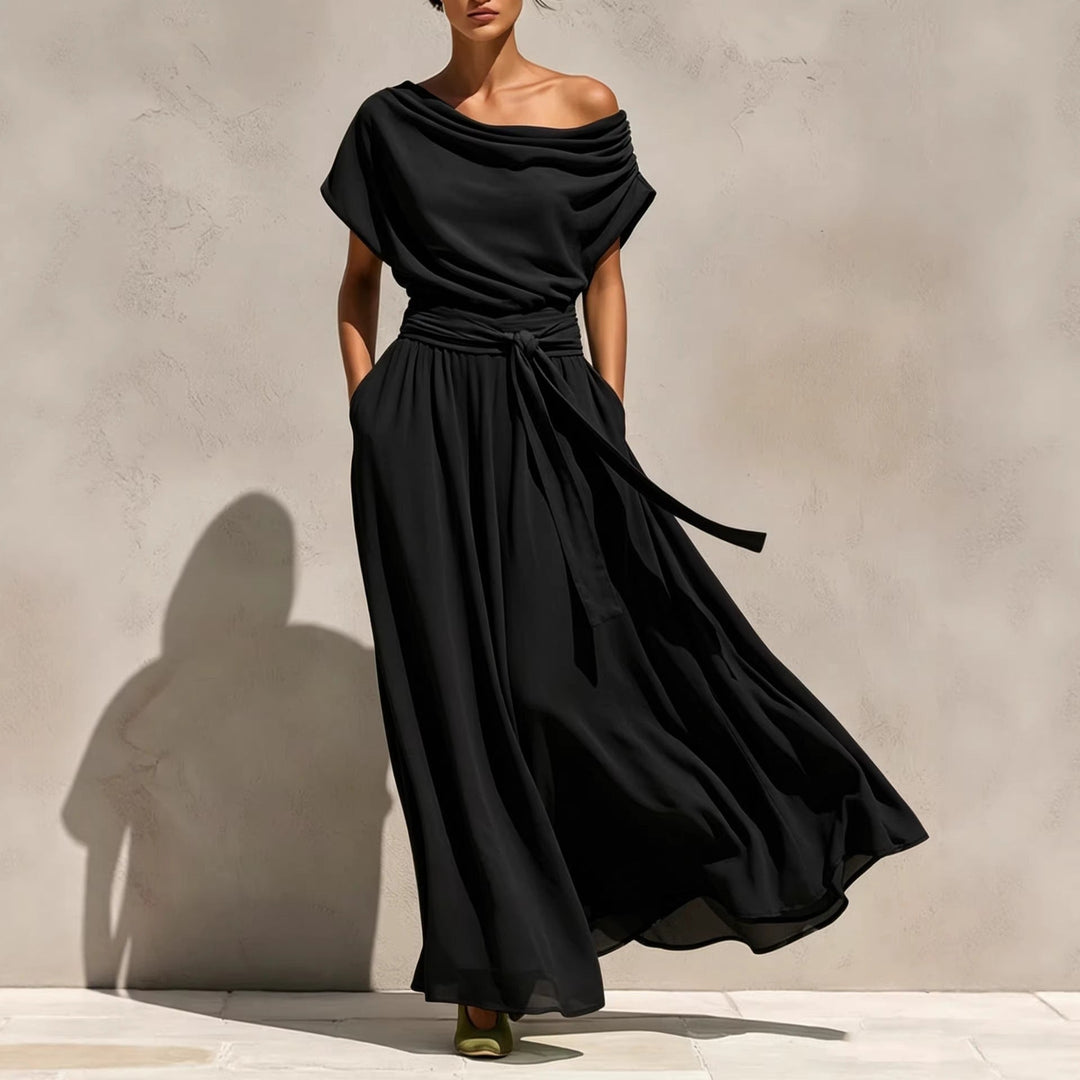 Sophie - Robe élégante à manches courtes et épaules dénudées, cintrée à la taille
