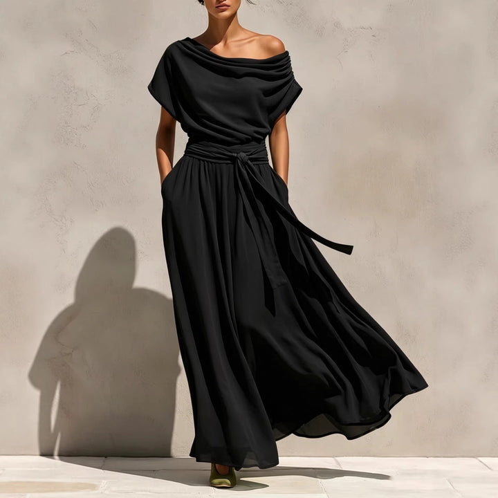Sophie - Robe élégante à manches courtes et épaules dénudées, cintrée à la taille