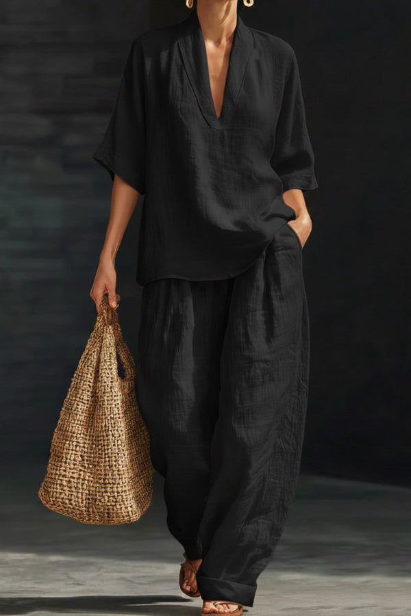 Zafrina - Ensemble décontracté ample avec haut col en V à manches mi-longues et pantalon