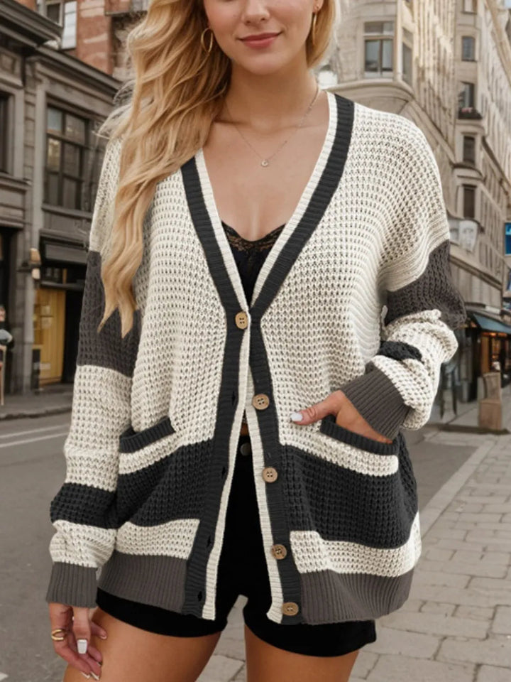 Elvina - Cardigan élégant en maille gaufrée avec contraste et manches longues