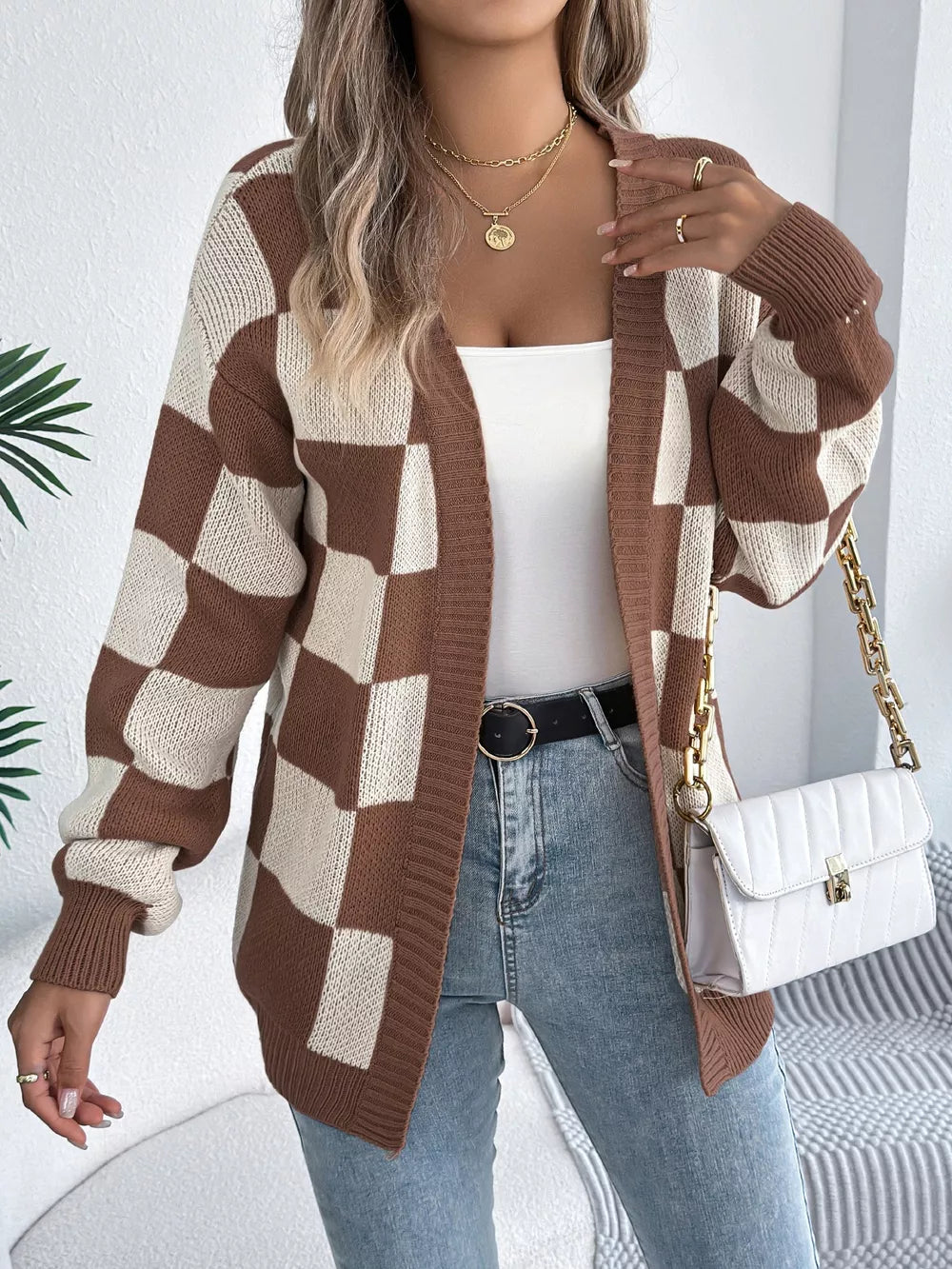 Omelina - Cardigan cosy à motif à carreaux ouvert sur le devant