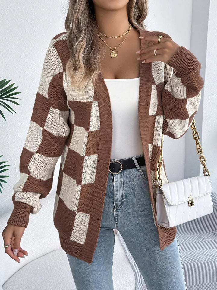 Omelina - Cardigan cosy à motif à carreaux ouvert sur le devant