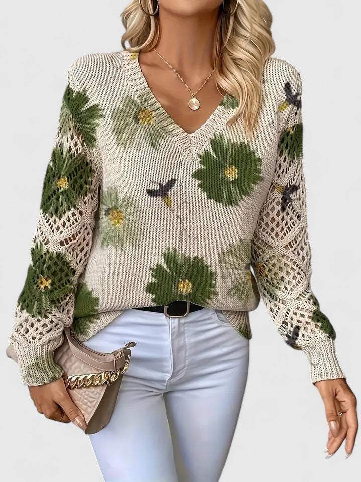 Laryssa - Pull Élégant à Motif Floral Ample et Col V