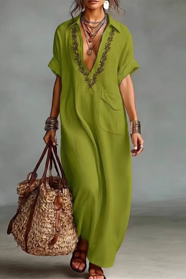 Zayda - Robe longue élégante brodée à col V avec manches courtes amples