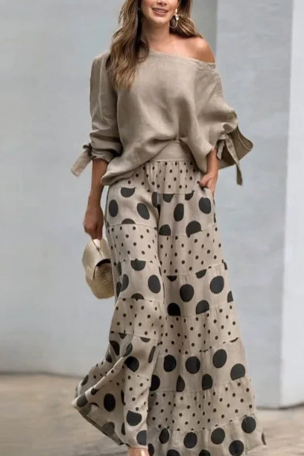 Vyra - Ensemble élégant blouse ample épaules dénudées et pantalon large à pois