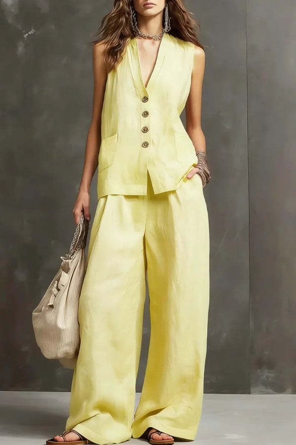Janela - Ensemble décontracté élégant gilet sans manches à col V boutonné et pantalon large