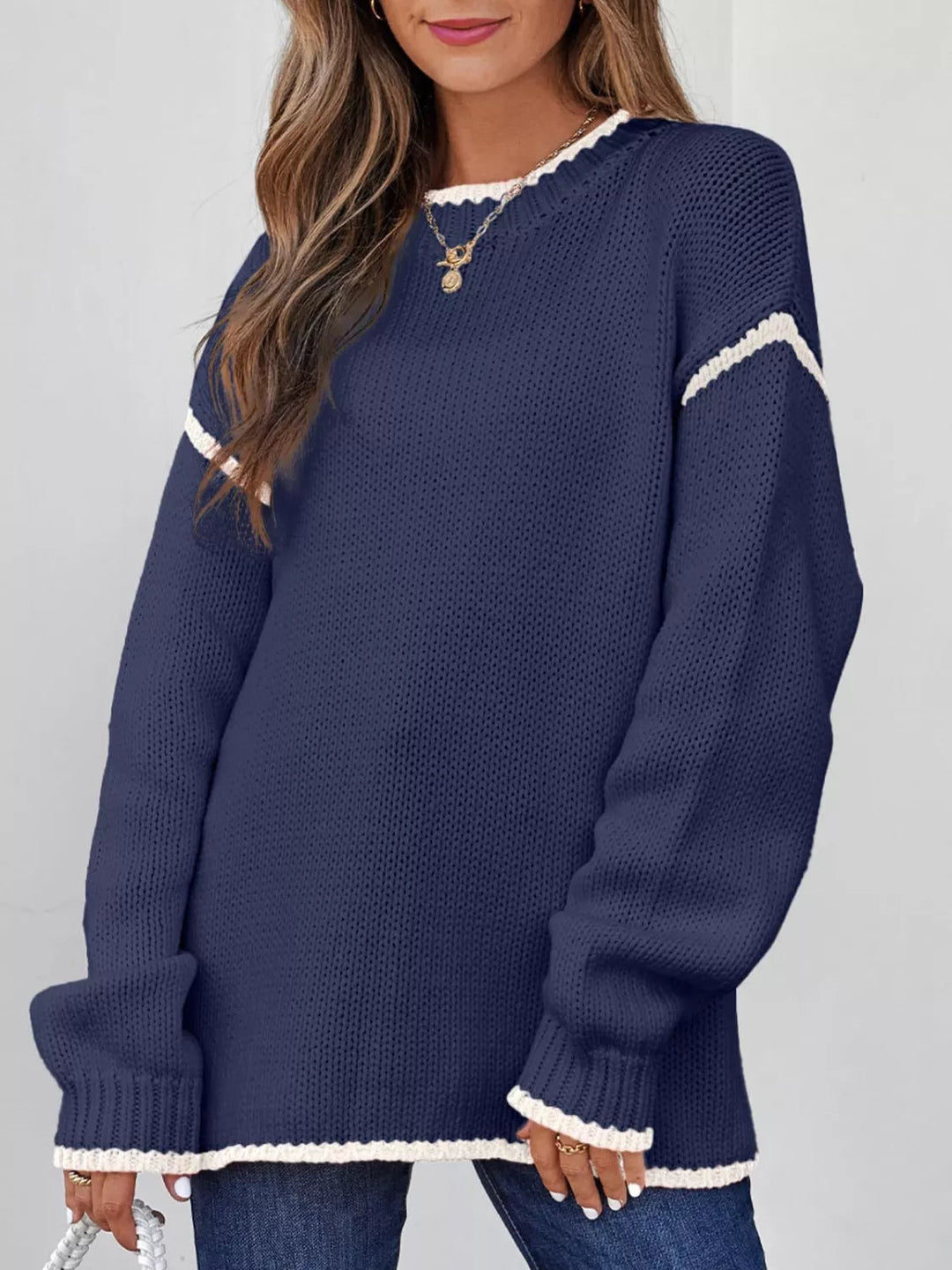 Vanya - Pull tricoté chic à col rond avec finitions contrastées