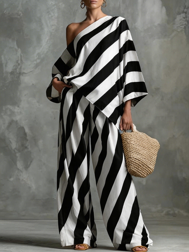Margaux - Ensemble composé d'un haut oversize à rayures rétro et d'un pantalon à jambes larges