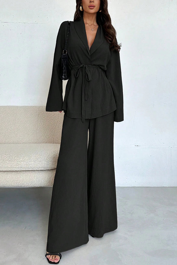 Whilma - Ensemble élégant blouse ample à manches longues avec taille nouée et pantalon large
