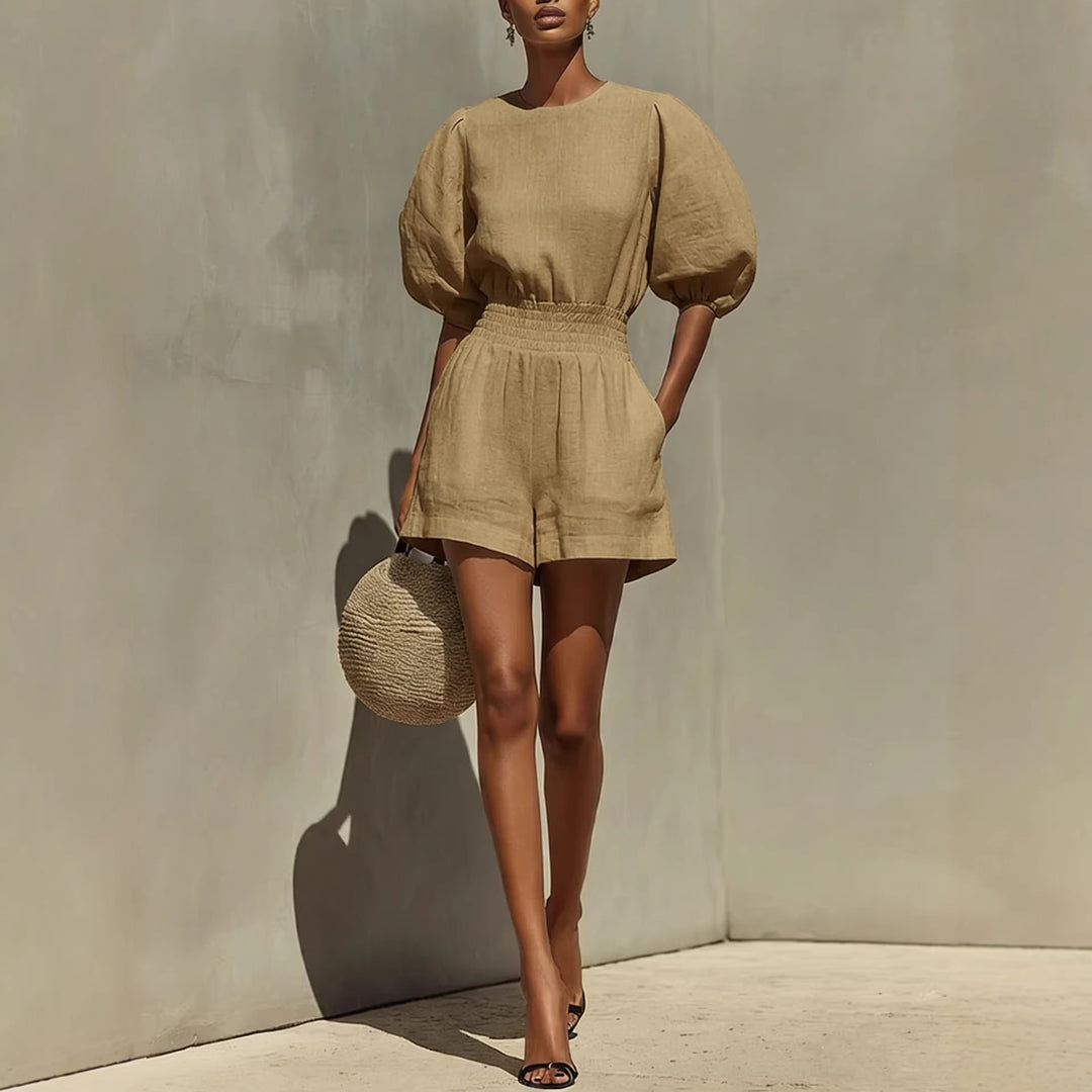 Romane - Ensemble décontracté composé d'une blouse à manches bouffantes et d'un short confortable