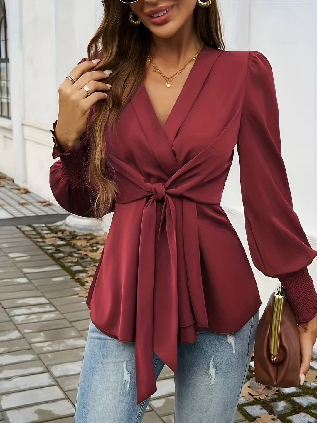 Zyla - Blouse élégante à nouer avec manches bouffantes