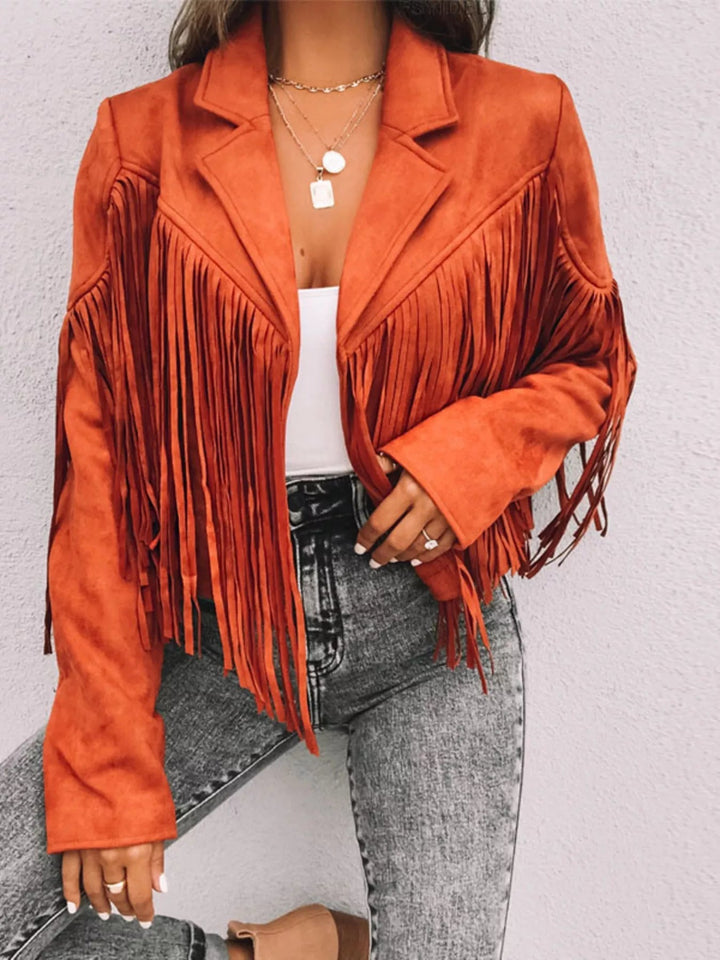 Kandice - Veste Courte Élégante à Franges et Ouverture Frontale