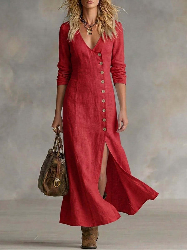 Hannelie - Robe élégante à col V manches longues avec boutons