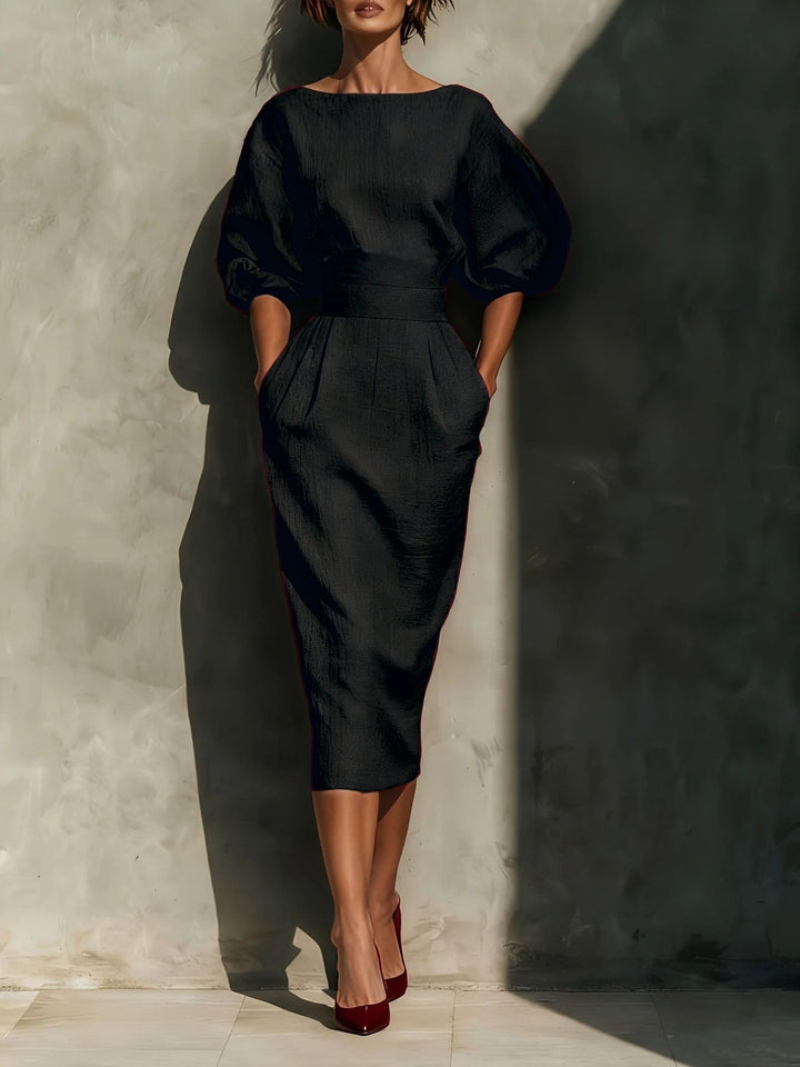 Brielle - Robe midi élégante à col rond avec manches bouffantes
