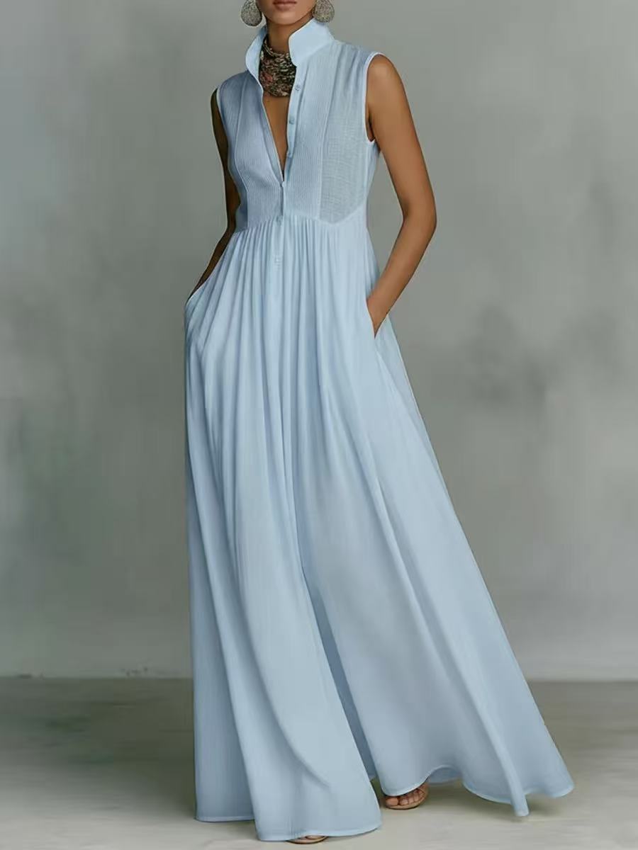 Christie - Robe longue élégante sans manches à col montant et boutons