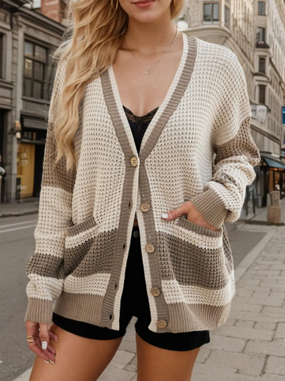 Elvina - Cardigan élégant en maille gaufrée avec contraste et manches longues
