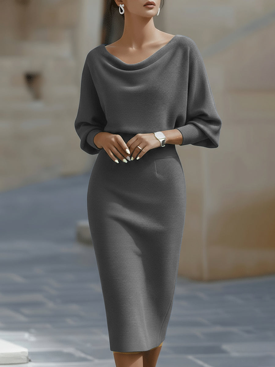 Eliza - Robe midi élégante à col drapé et manches longues amples